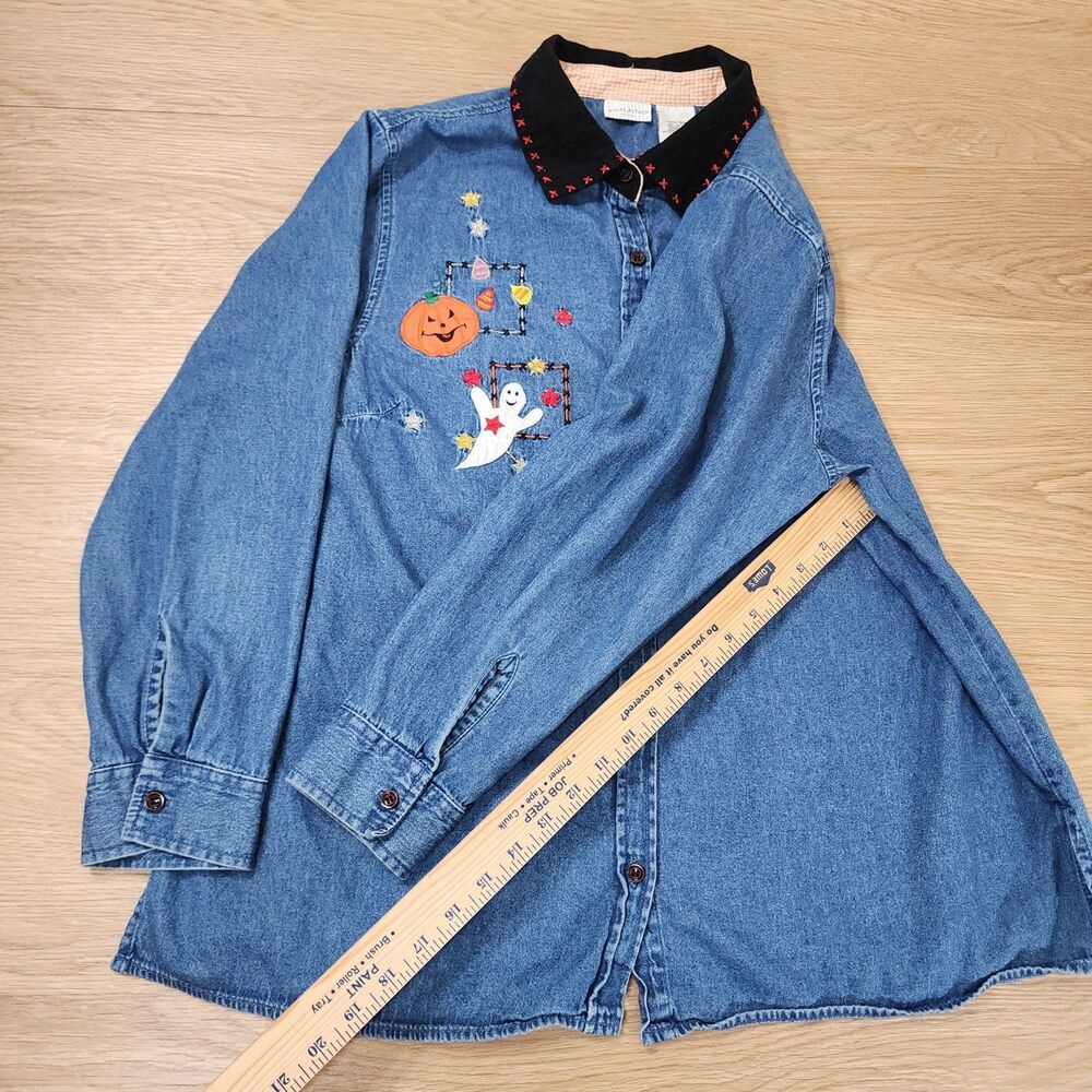 White Stag Denim Shirt Embroidered Fall Pumpkin Corduroy Collar 16W Plus Jean - Picture 7 of 11